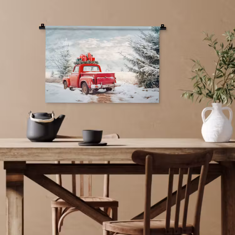Auto - Rood - Cadeaus - Winter - Sneeuw - Kerst Wandkleed katoen klein -sfeer6