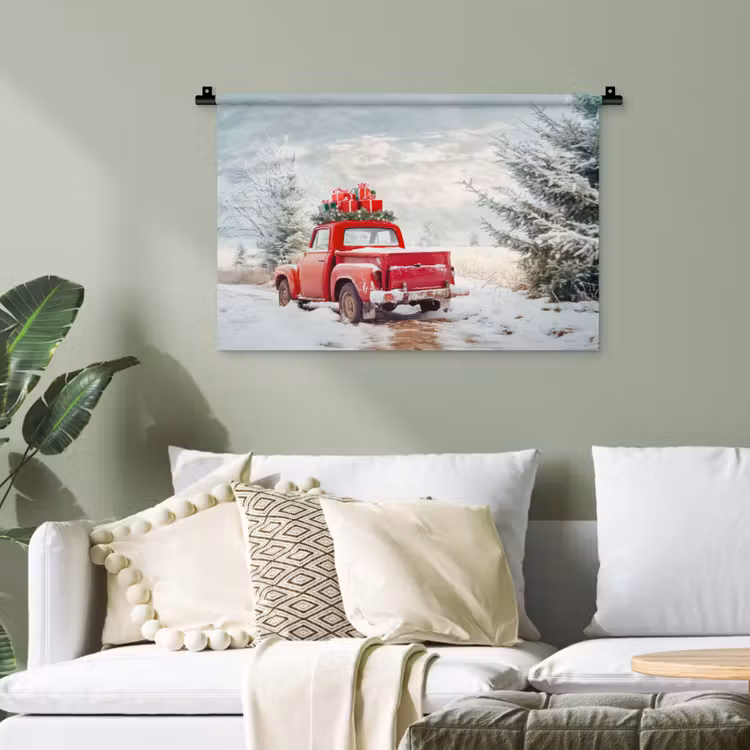 Auto - Rood - Cadeaus - Winter - Sneeuw - Kerst Wandkleed katoen klein -sfeer7