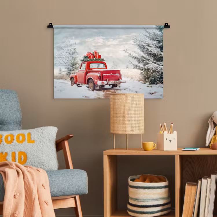 Auto - Rood - Cadeaus - Winter - Sneeuw - Kerst Wandkleed katoen klein -wsfeer4_kind