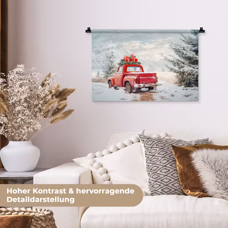 Auto - Rood - Cadeaus - Winter - Sneeuw - Kerst Wandkleed katoen klein -tsfeer1_DE