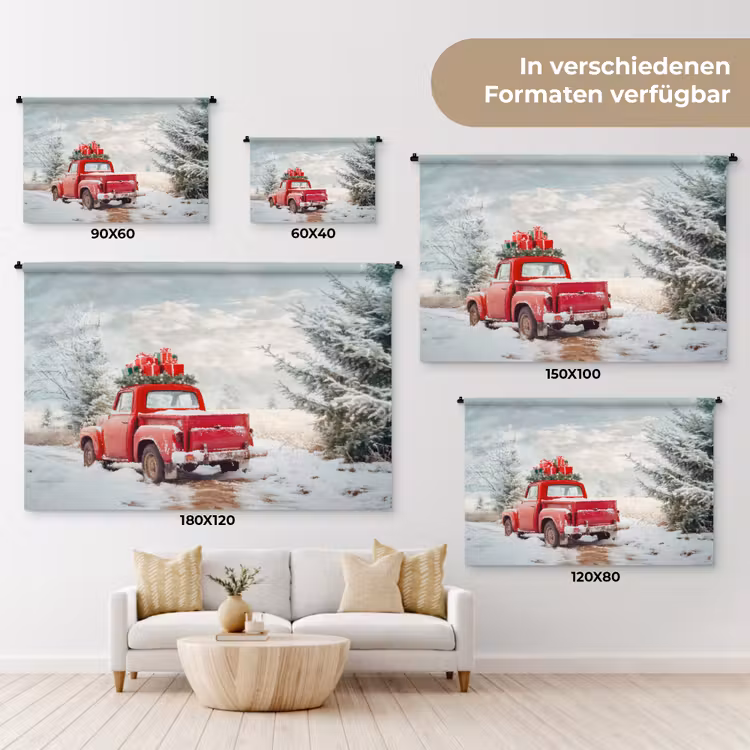 Auto - Rood - Cadeaus - Winter - Sneeuw - Kerst Wandkleed katoen klein -tsfeer8_DE