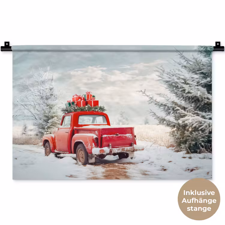 Auto - Rood - Cadeaus - Winter - Sneeuw - Kerst Wandkleed katoen klein -t3d_DE