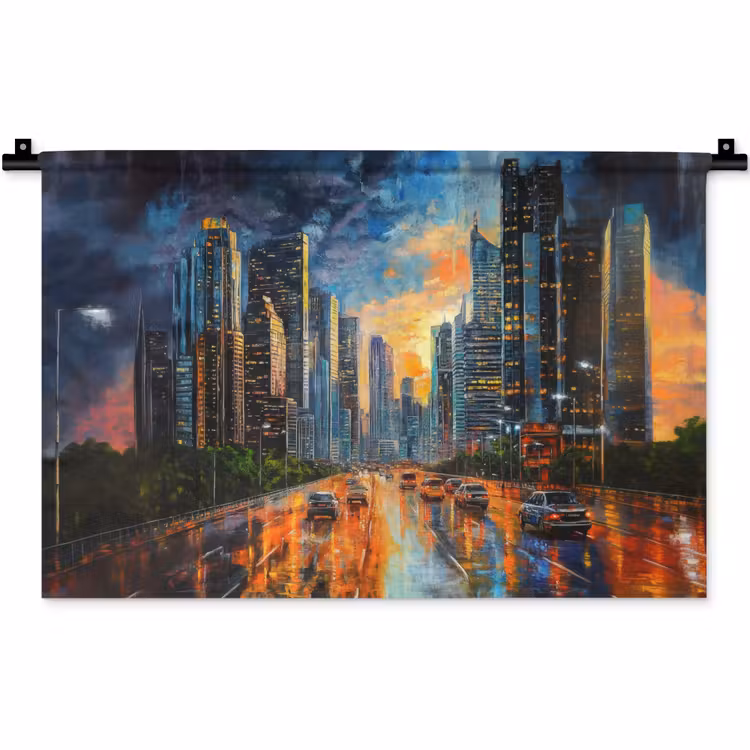 Auto - Skyline - Zon - Blauw Wandkleed katoen klein -zz3d