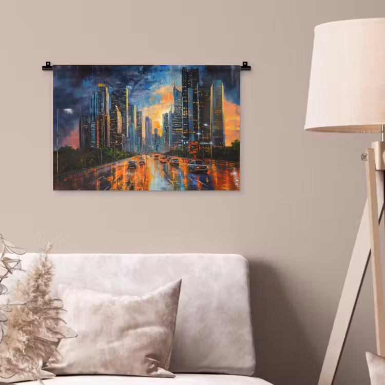 Auto - Skyline - Zon - Blauw Wandkleed katoen klein -sfeer4