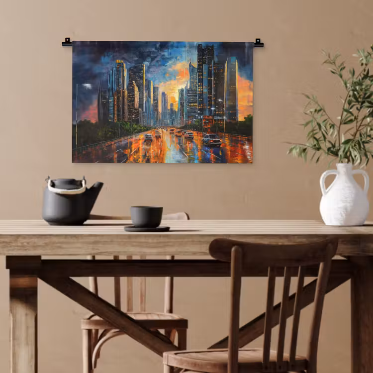 Auto - Skyline - Zon - Blauw Wandkleed katoen klein -sfeer6