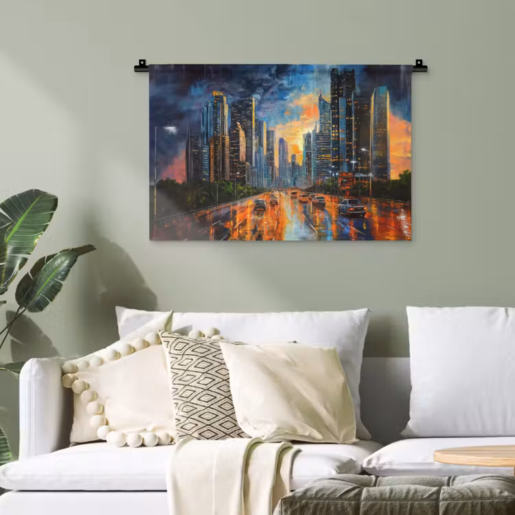Auto - Skyline - Zon - Blauw Wandkleed katoen klein -sfeer7