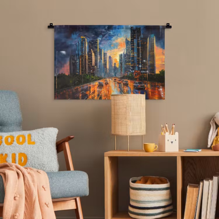 Auto - Skyline - Zon - Blauw Wandkleed katoen klein -wsfeer4_kind