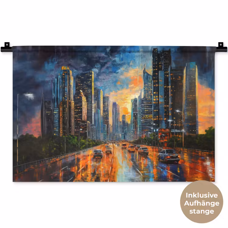 Auto - Skyline - Zon - Blauw Wandkleed katoen klein -t3d_DE