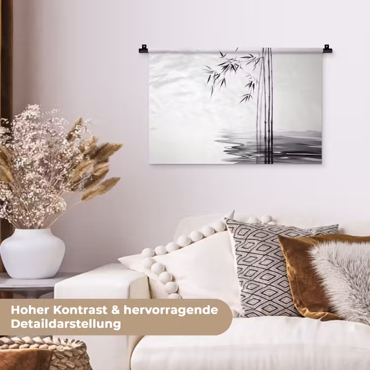 Bamboestammen - Water - Minimalistisch - Wit Wandkleed katoen klein -tsfeer1_DE