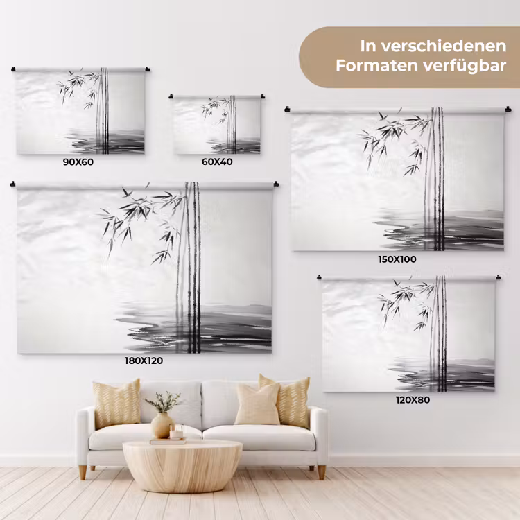 Bamboestammen - Water - Minimalistisch - Wit Wandkleed katoen klein -tsfeer8_DE