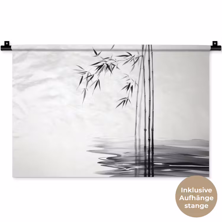 Bamboestammen - Water - Minimalistisch - Wit Wandkleed katoen klein -t3d_DE