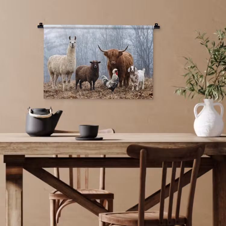Boerderijdieren - Groep - Mist - Natuur - Rustiek Wandkleed katoen klein -sfeer6