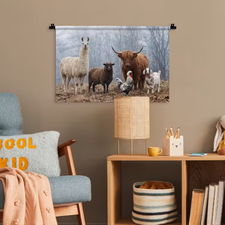Boerderijdieren - Groep - Mist - Natuur - Rustiek Wandkleed katoen klein -wsfeer4_kind