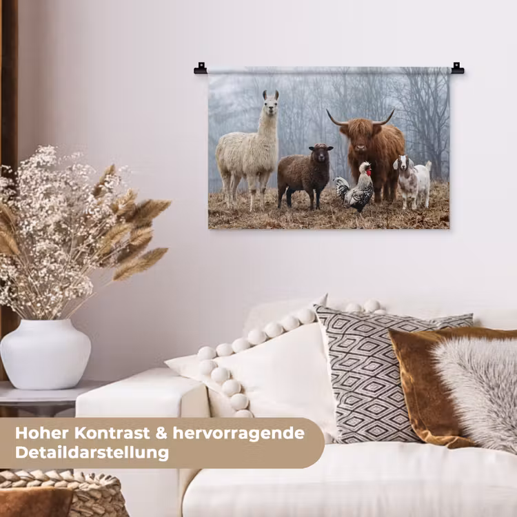 Boerderijdieren - Groep - Mist - Natuur - Rustiek Wandkleed katoen klein -tsfeer1_DE