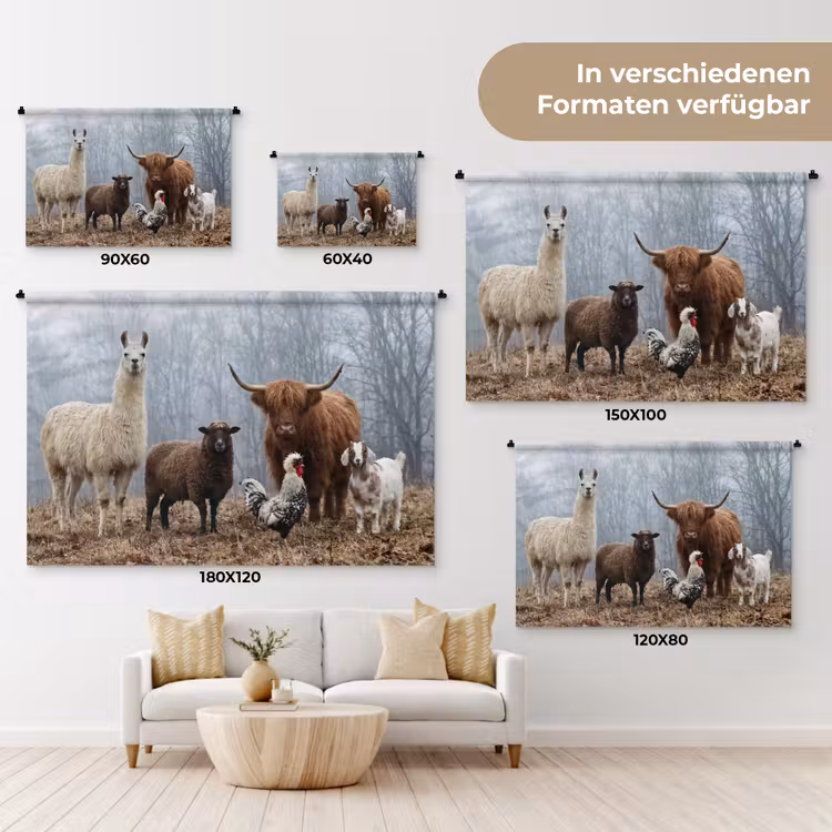Boerderijdieren - Groep - Mist - Natuur - Rustiek Wandkleed katoen klein -tsfeer8_DE