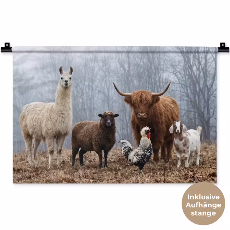 Boerderijdieren - Groep - Mist - Natuur - Rustiek Wandkleed katoen klein -t3d_DE
