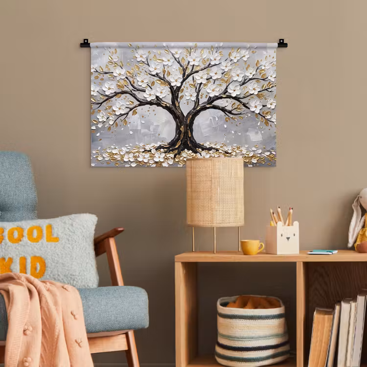 Boom - Bloemen - Natuur - Abstract - Wit Wandkleed katoen klein -wsfeer4_kind
