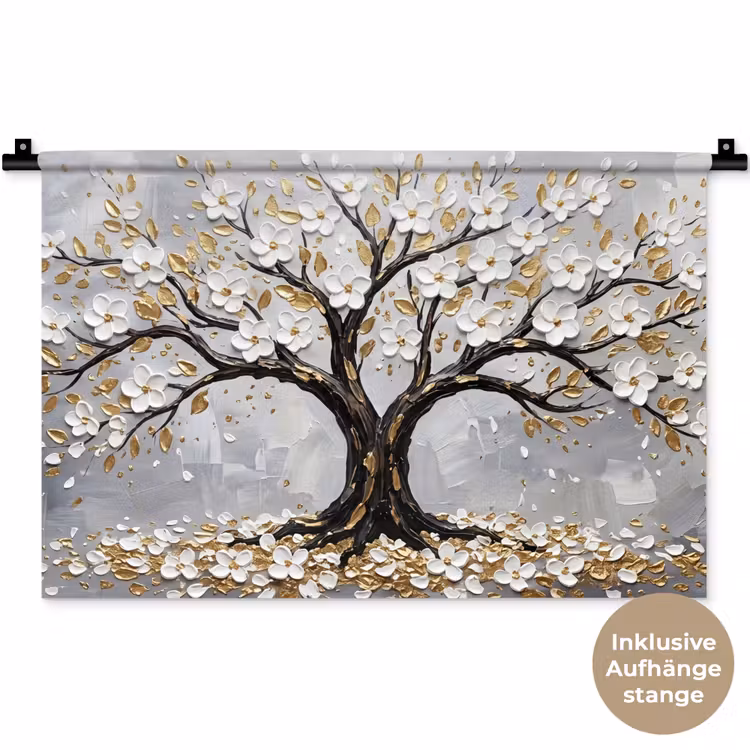 Boom - Bloemen - Natuur - Abstract - Wit Wandkleed katoen klein -t3d_DE