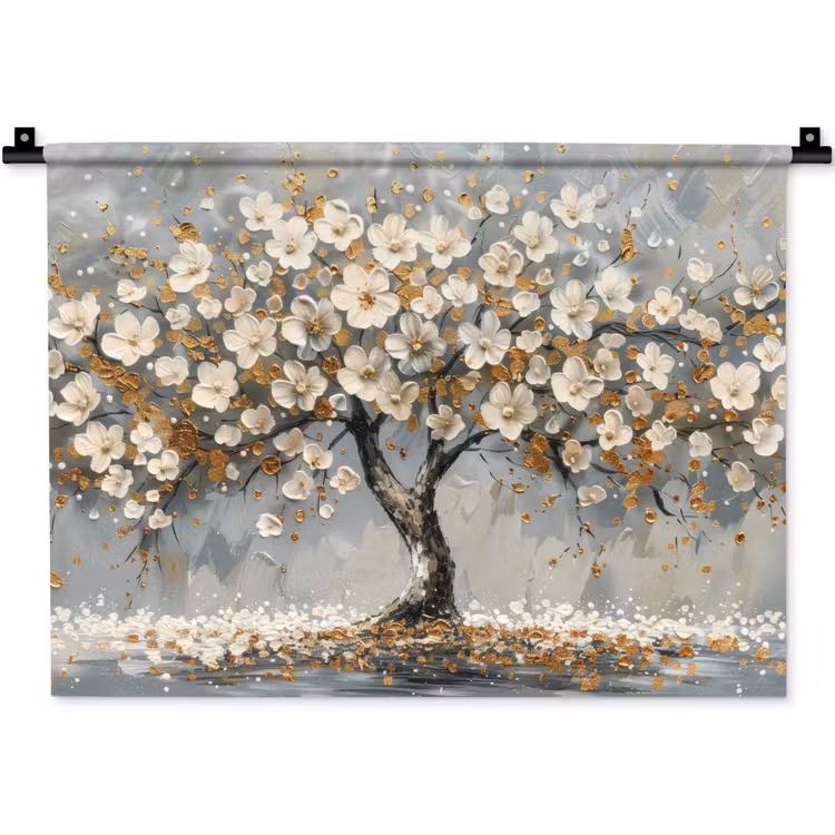 Boom - Bloemen - Wit - Natuur - Kunst Wandkleed katoen klein -zz3d