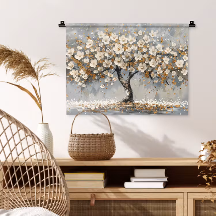 Boom - Bloemen - Wit - Natuur - Kunst Wandkleed katoen klein -sfeer5
