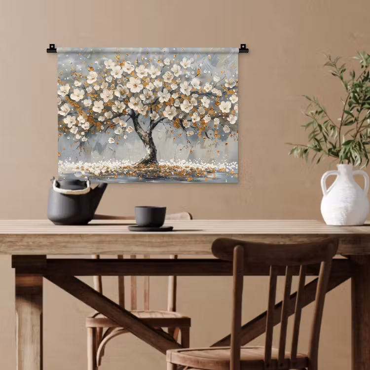 Boom - Bloemen - Wit - Natuur - Kunst Wandkleed katoen klein -sfeer6