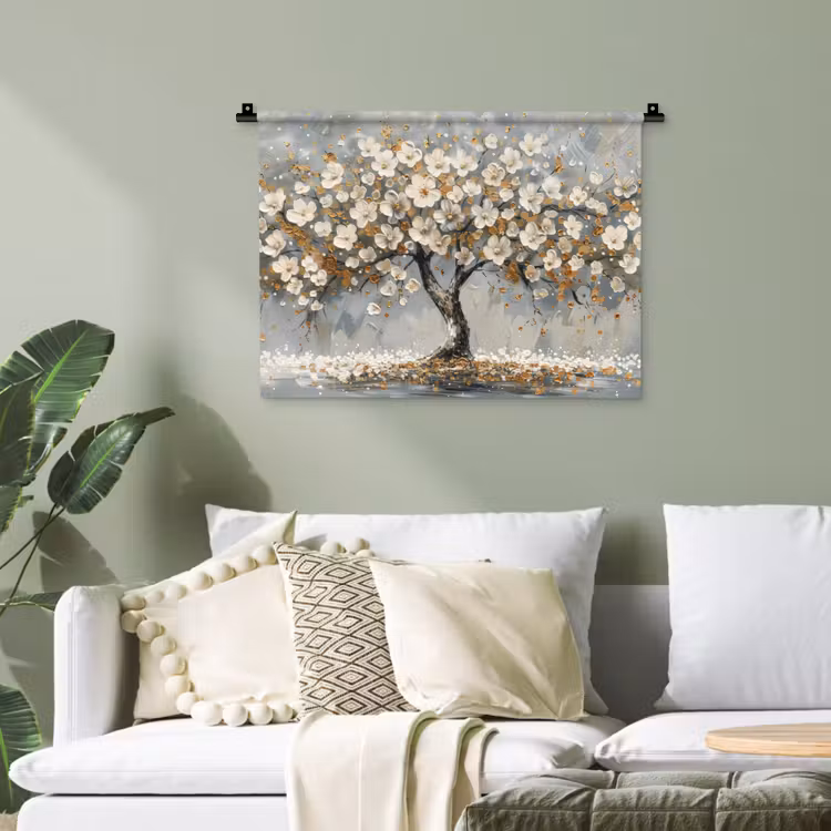 Boom - Bloemen - Wit - Natuur - Kunst Wandkleed katoen klein -sfeer7