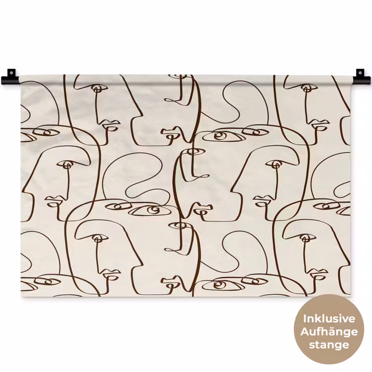 Beige - Gezicht - Lijnen - Bruin Wandkleed katoen klein 269 -t3d_DE