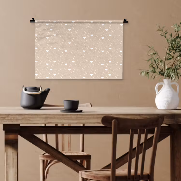 Beige - Wit - Hartjes - Patroon Wandkleed katoen klein 269 -sfeer6