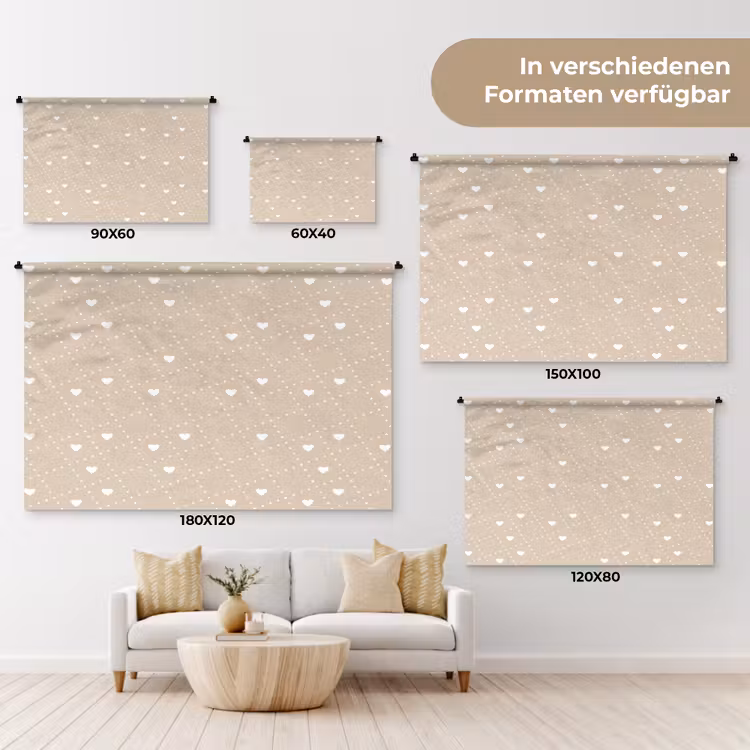Beige - Wit - Hartjes - Patroon Wandkleed katoen klein 269 -tsfeer8_DE