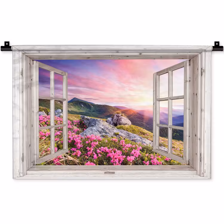 Bergen - Landschap - Doorkijk - Bloemen - Avond - Roze Wandkleed katoen klein -zz3d
