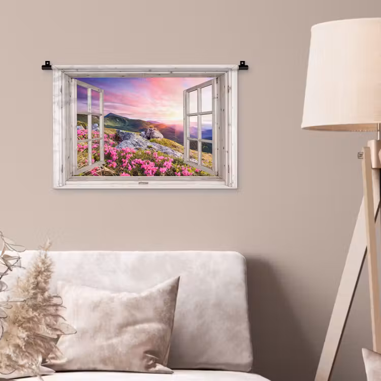 Bergen - Landschap - Doorkijk - Bloemen - Avond - Roze Wandkleed katoen klein -sfeer4
