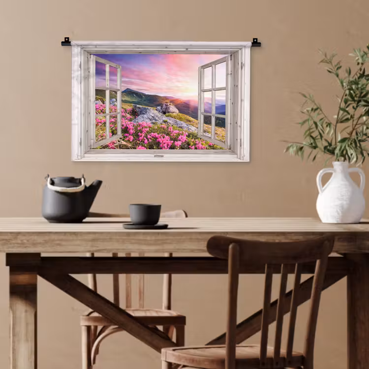 Bergen - Landschap - Doorkijk - Bloemen - Avond - Roze Wandkleed katoen klein -sfeer6