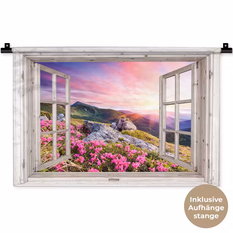 Bergen - Landschap - Doorkijk - Bloemen - Avond - Roze Wandkleed katoen klein -t3d_DE
