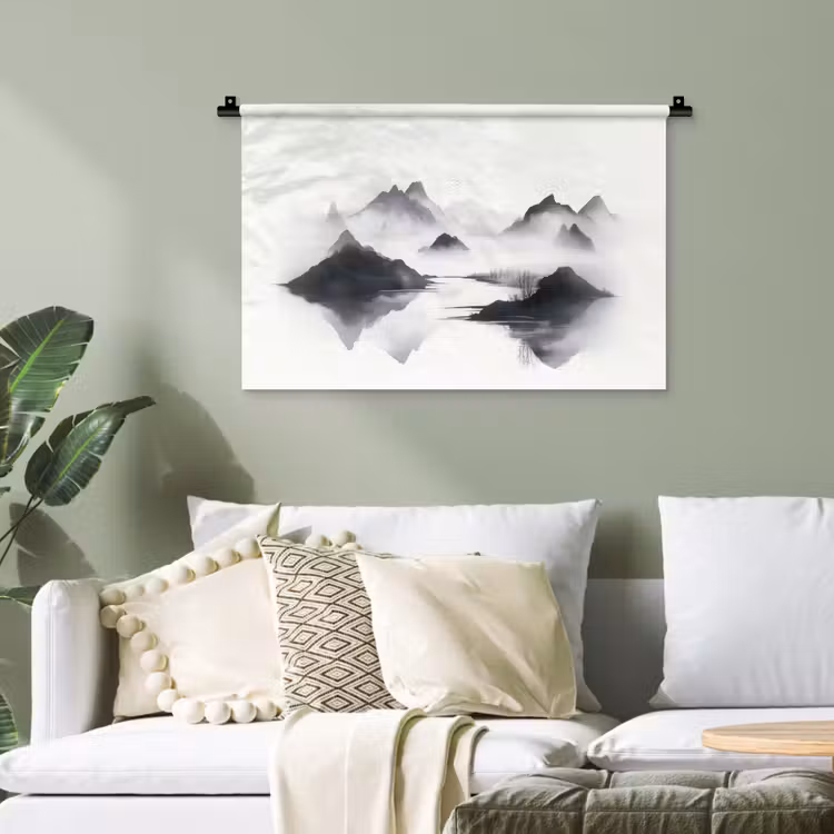 Bergen - Mistig - Water - Wit Wandkleed katoen klein -sfeer7