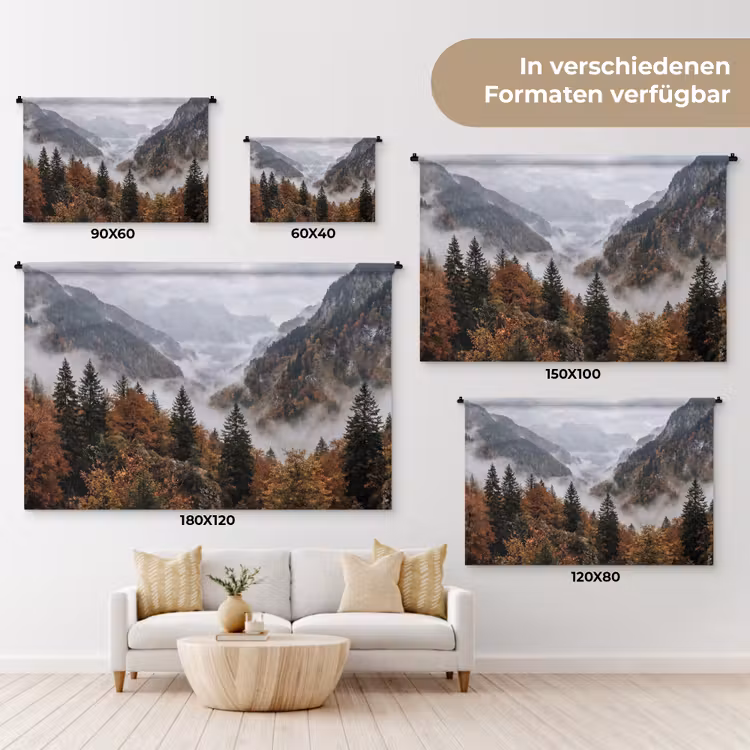 Bergen - Vallei - Mist - Herfst - Natuur Wandkleed katoen klein -tsfeer8_DE