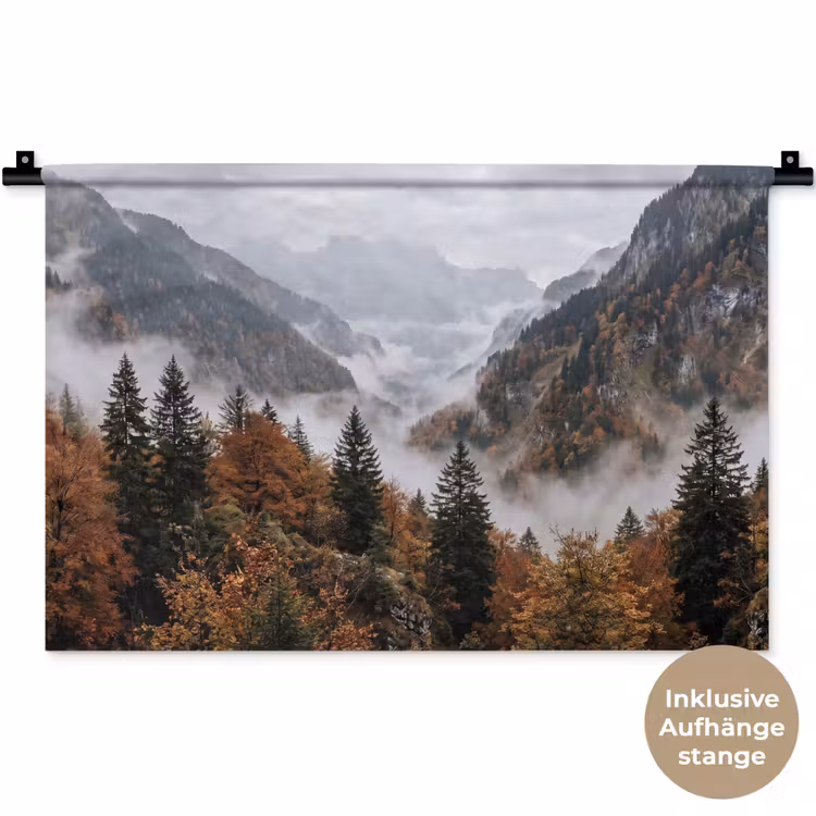 Bergen - Vallei - Mist - Herfst - Natuur Wandkleed katoen klein -t3d_DE
