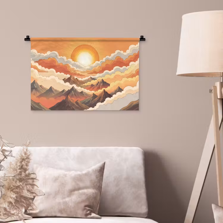 Bergen - Wolken - Natuur - Zonsopgang - Oranje Wandkleed katoen klein -sfeer4