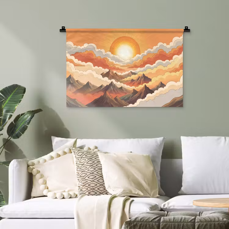 Bergen - Wolken - Natuur - Zonsopgang - Oranje Wandkleed katoen klein -sfeer7