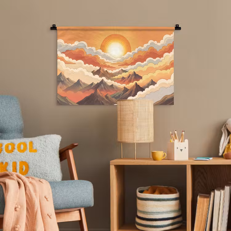 Bergen - Wolken - Natuur - Zonsopgang - Oranje Wandkleed katoen klein -wsfeer4_kind