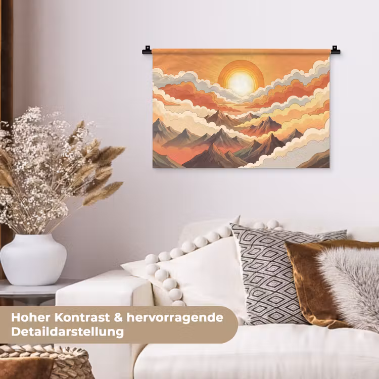 Bergen - Wolken - Natuur - Zonsopgang - Oranje Wandkleed katoen klein -tsfeer1_DE