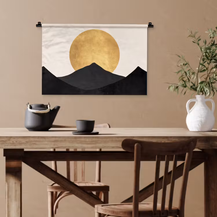 Bergsilhouetten - Gouden cirkel - Beige Wandkleed katoen klein -sfeer6