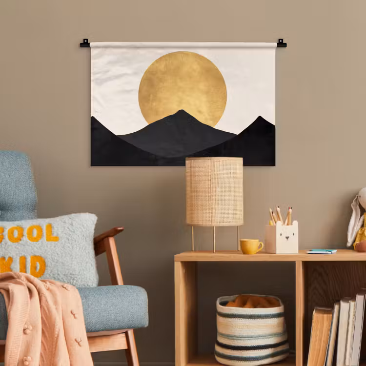 Bergsilhouetten - Gouden cirkel - Beige Wandkleed katoen klein -wsfeer4_kind
