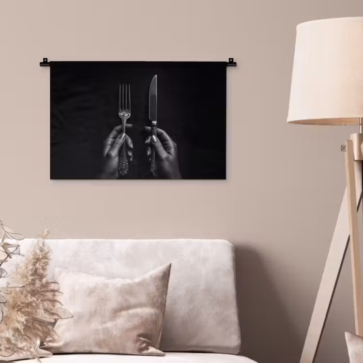 Bestek - Zwart - Wit Wandkleed katoen klein -sfeer4