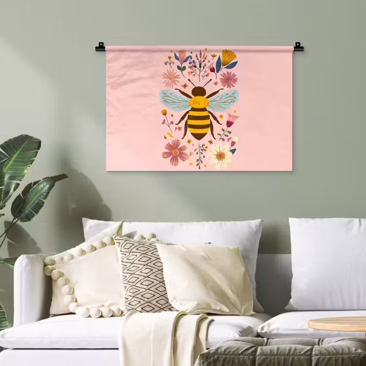 Bij - Geel - Bloemen - Kleurrijk Wandkleed katoen klein -sfeer7