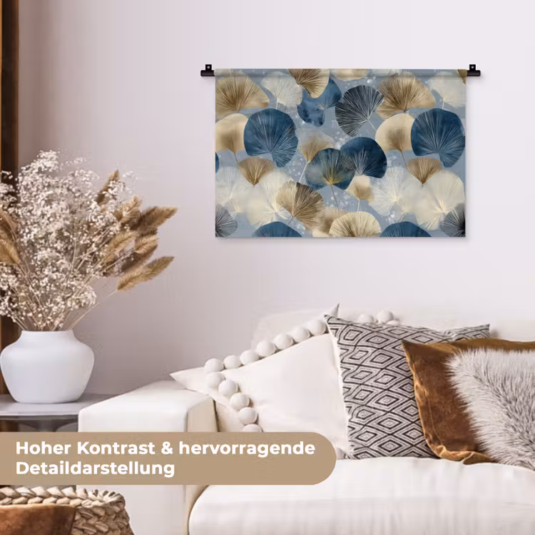 Bladeren - Abstract - Goud - Blauw Wandkleed katoen klein -tsfeer1_DE