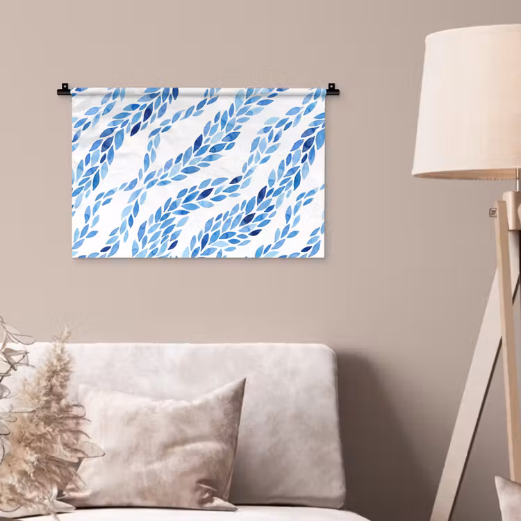 Bladeren - Aquarel - Patroon - Modern - Blauw Wandkleed katoen klein -sfeer4