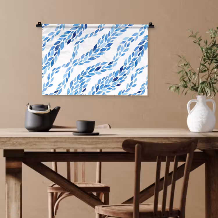 Bladeren - Aquarel - Patroon - Modern - Blauw Wandkleed katoen klein -sfeer6