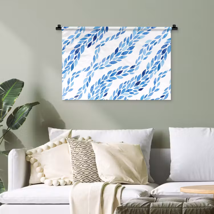 Bladeren - Aquarel - Patroon - Modern - Blauw Wandkleed katoen klein -sfeer7