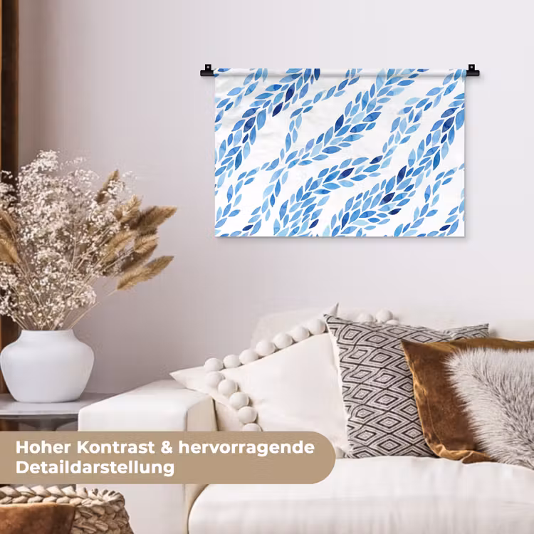 Bladeren - Aquarel - Patroon - Modern - Blauw Wandkleed katoen klein -tsfeer1_DE