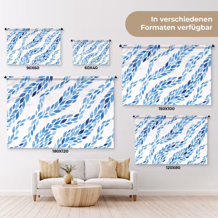 Bladeren - Aquarel - Patroon - Modern - Blauw Wandkleed katoen klein -tsfeer8_DE
